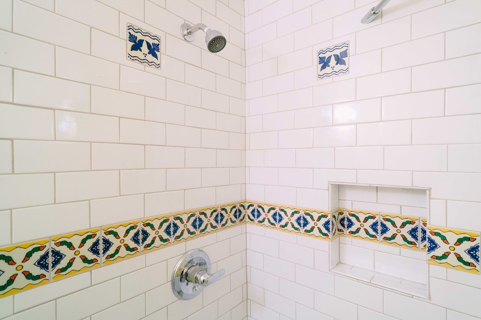 Example of a small eclectic 3/4 white tile and ceramic tile porcelain tile corner shower design in Los Angeles with yellow walls and a drop-in sink