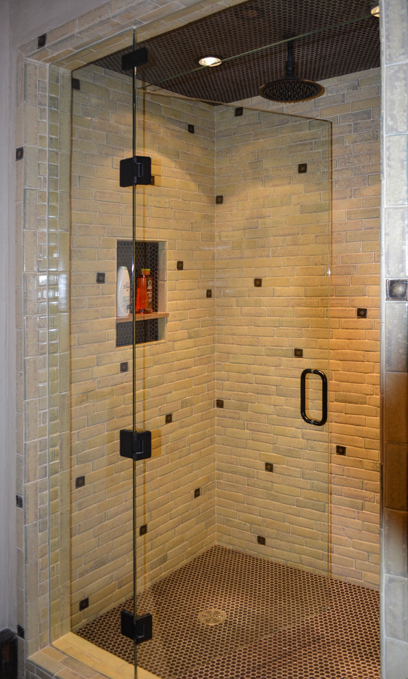 Design ideas for a rustic bathroom in Denver with an alcove shower, grey tiles, stone tiles and a hinged door.