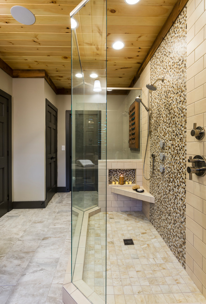 Example of a large mountain style master stone tile porcelain tile and beige floor bathroom design in Charlotte with shaker cabinets, distressed cabinets, beige walls, an undermount sink, quartzite countertops and a hinged shower door