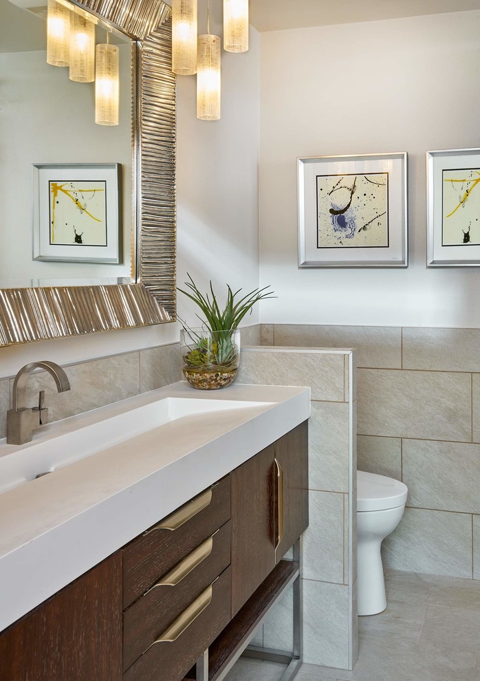 Immagine di una piccola stanza da bagno con doccia minimalista con ante lisce, ante in legno scuro, WC monopezzo, piastrelle grigie, piastrelle in ceramica, pareti bianche, pavimento in cementine, top in quarzite, pavimento grigio e top bianco