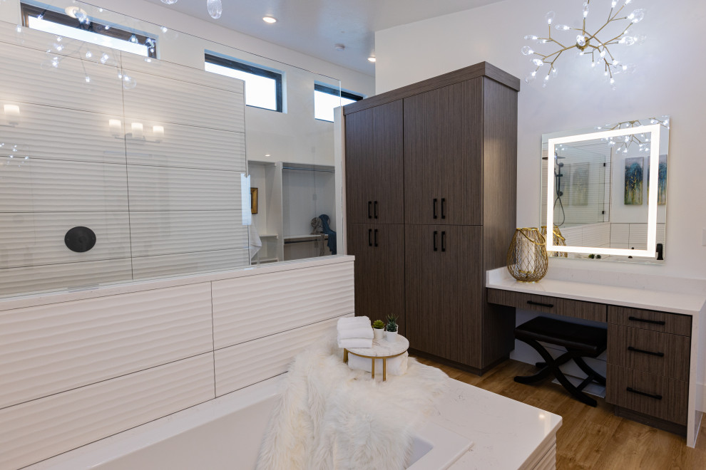 Example of a large minimalist master white tile and porcelain tile vinyl floor, brown floor and vaulted ceiling bathroom design in Salt Lake City with flat-panel cabinets, dark wood cabinets, a bidet, white walls, an undermount sink, quartz countertops, white countertops and a floating vanity