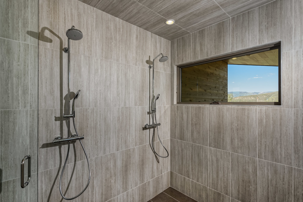 Example of a huge trendy master green tile and ceramic tile ceramic tile walk-in shower design in Other