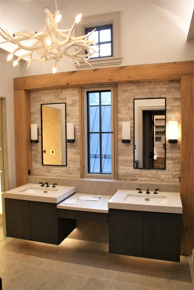 Inspiration for a mid-sized modern master porcelain tile bathroom remodel in Denver with flat-panel cabinets, dark wood cabinets, an undermount sink and beige walls