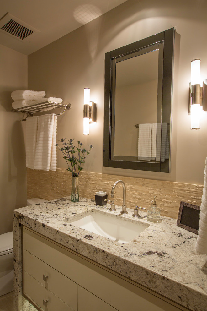 Bathroom - mid-sized bathroom idea in Denver with flat-panel cabinets, a trough sink and concrete countertops