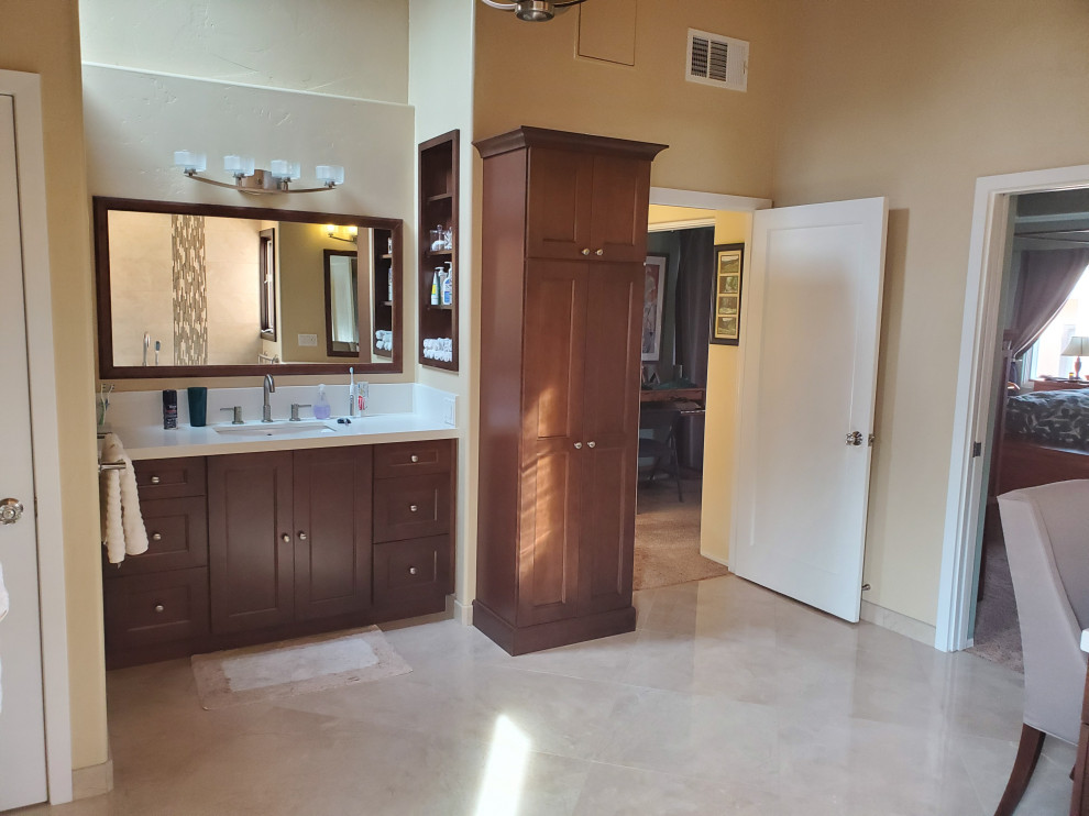Large transitional master single-sink and exposed beam bathroom photo in San Diego with a hinged shower door and a built-in vanity