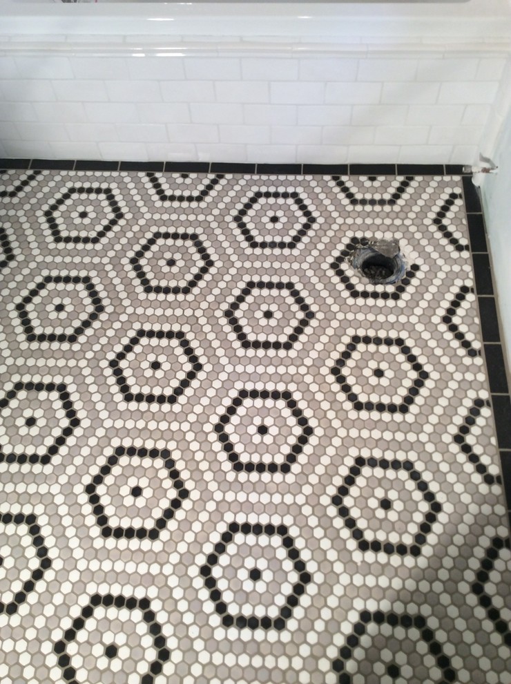 Inspiration for a mid-sized timeless 3/4 black and white tile, gray tile and subway tile mosaic tile floor bathroom remodel in Los Angeles with white walls
