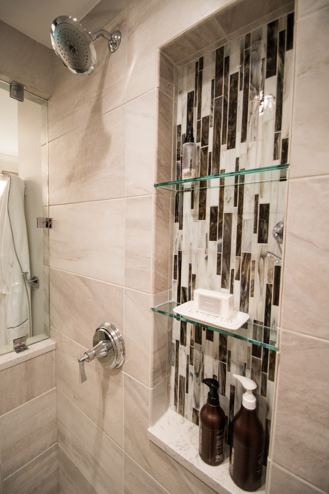 Example of a small transitional master multicolored tile and glass tile porcelain tile double shower design in Other with furniture-like cabinets, gray cabinets, quartz countertops, a two-piece toilet, an undermount sink and gray walls