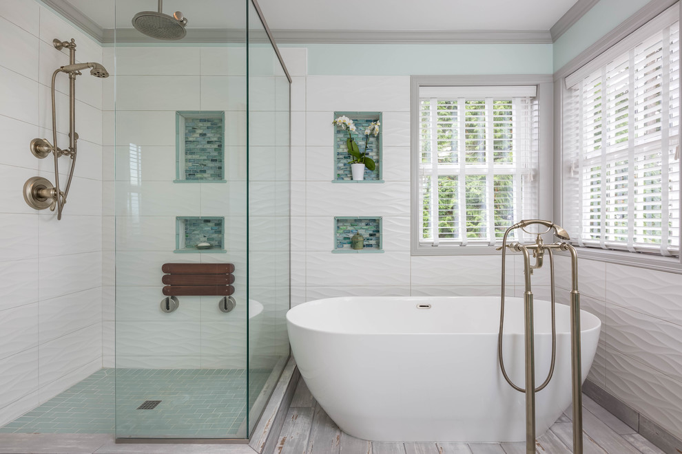 Example of a large transitional master white tile and glass tile porcelain tile and gray floor bathroom design in Seattle with turquoise cabinets, a vessel sink, quartz countertops, a hinged shower door, white walls and recessed-panel cabinets