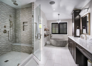 grey and brown bathroom decor