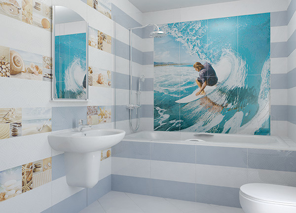 Großes Modernes Badezimmer mit Einbaubadewanne, weißen Fliesen, Keramikfliesen, bunten Wänden, Keramikboden und Wandwaschbecken in Los Angeles