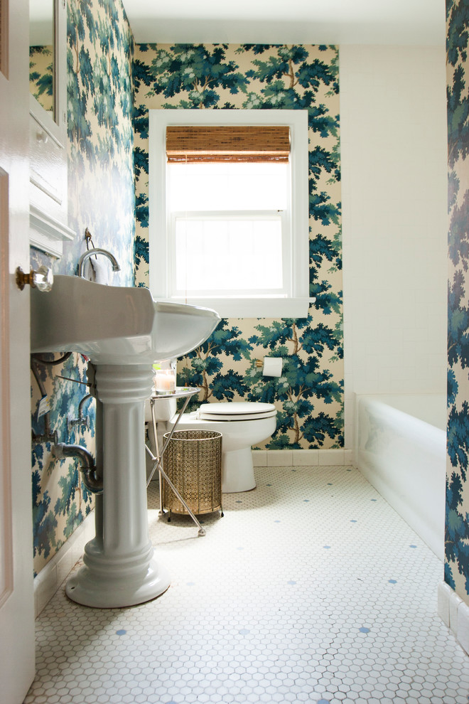 Example of an eclectic ceramic tile bathroom design in San Francisco with a pedestal sink
