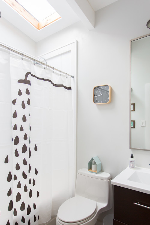 Playful Charm: Fun Shower Curtain and Black Vanity with Bathroom Curtain Inspirations