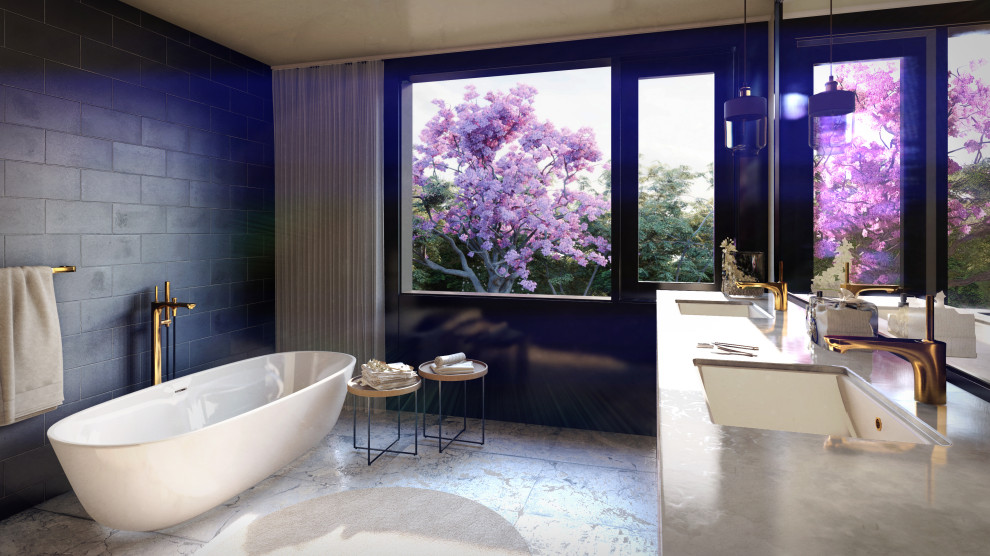 Design ideas for a modern ensuite bathroom in Other with flat-panel cabinets, light wood cabinets, a freestanding bath, an alcove shower, black tiles, white walls, travertine flooring, a submerged sink, marble worktops, grey floors, an open shower, white worktops, an enclosed toilet, double sinks and a freestanding vanity unit.