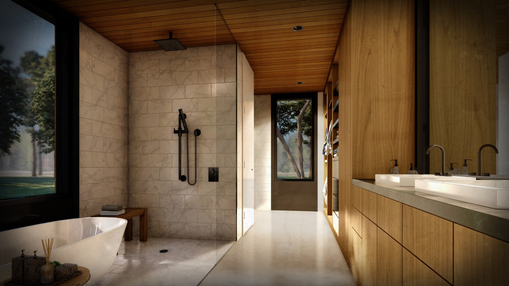 Foto på ett funkis svart en-suite badrum, med släta luckor, skåp i mellenmörkt trä, ett fristående badkar, en öppen dusch, vit kakel, marmorkakel, betonggolv, granitbänkskiva, grått golv och med dusch som är öppen