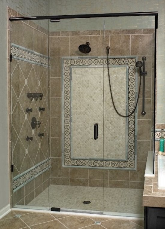 Design ideas for a classic bathroom in Richmond with an alcove shower, beige tiles, porcelain tiles, beige walls, porcelain flooring, beige floors and a hinged door.