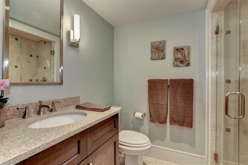 Ispirazione per una stanza da bagno design con ante con riquadro incassato, ante in legno bruno, pareti blu, lavabo sottopiano e top in granito