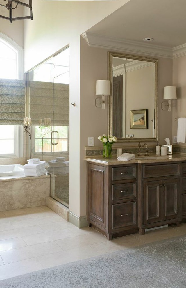 Inspiration for a large country ensuite bathroom in San Francisco with a submerged sink, freestanding cabinets, medium wood cabinets, marble worktops, a built-in bath, an alcove shower, green tiles, ceramic tiles, beige walls and limestone flooring.