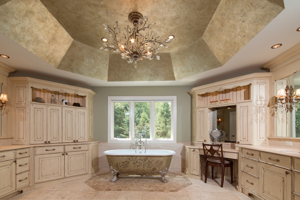 Bathroom - large traditional master beige tile travertine floor bathroom idea in Chicago with an undermount sink, furniture-like cabinets, medium tone wood cabinets, quartzite countertops and green walls
