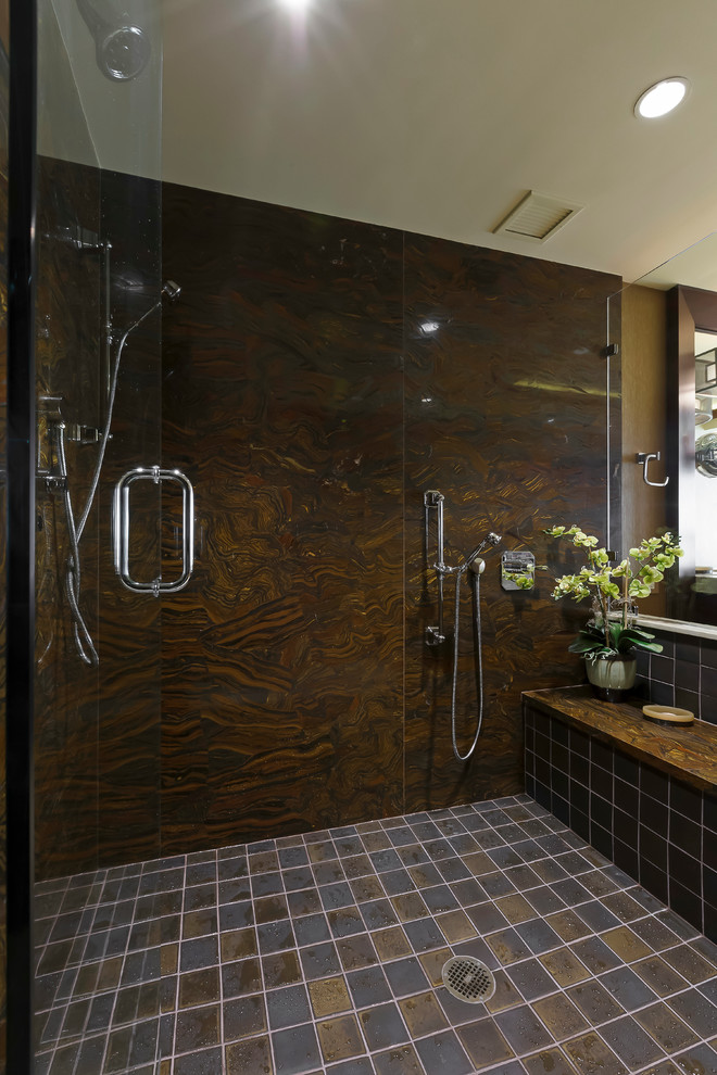 Design ideas for a large contemporary ensuite bathroom in Miami with freestanding cabinets, dark wood cabinets, a built-in bath, a double shower, brown tiles, multi-coloured tiles, stone slabs, brown walls, travertine flooring, a submerged sink and marble worktops.