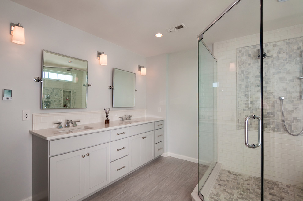 Example of a mid-sized transitional master gray tile and subway tile double shower design in Philadelphia