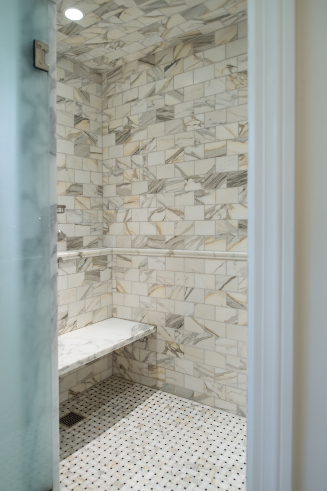 Bathroom - huge transitional master white tile and matchstick tile ceramic tile bathroom idea in Nashville with an undermount sink, shaker cabinets, white cabinets, marble countertops, a one-piece toilet and white walls