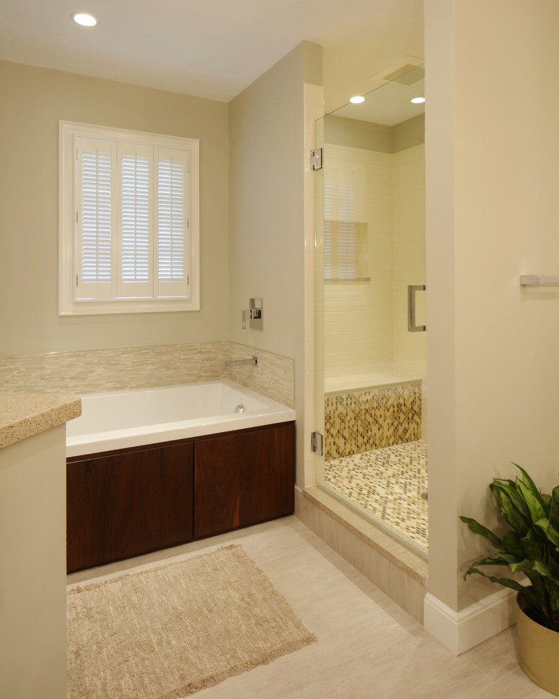 Contemporary bathroom in Boston with a submerged sink, flat-panel cabinets, medium wood cabinets, engineered stone worktops, an alcove bath, an alcove shower, beige tiles and porcelain tiles.