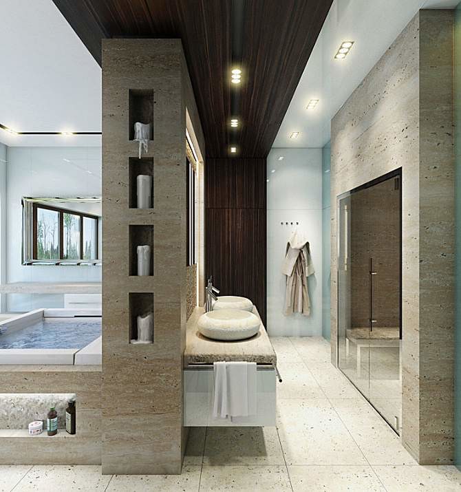 Large contemporary ensuite bathroom in Orange County with flat-panel cabinets, white cabinets, a built-in bath, a double shower, a wall mounted toilet, beige tiles, ceramic tiles, beige walls, ceramic flooring, a vessel sink, limestone worktops, beige floors, a hinged door and beige worktops.