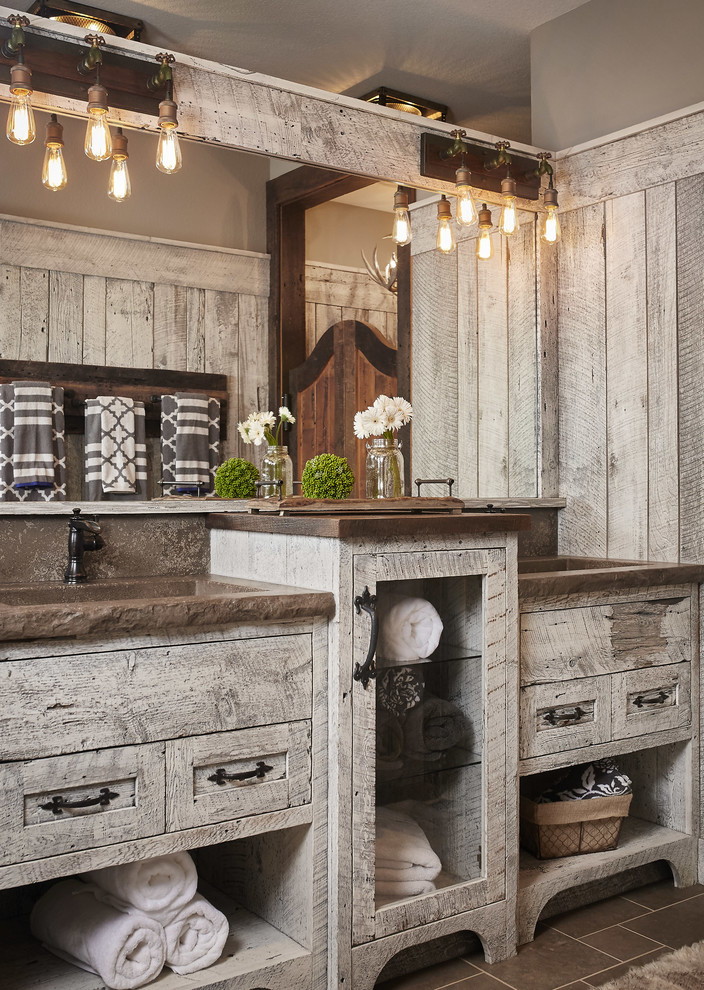 Design ideas for a rustic ensuite bathroom in Grand Rapids with distressed cabinets, grey walls, brown floors, brown worktops and shaker cabinets.