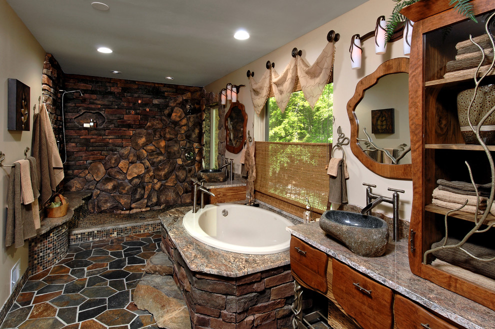 Example of a mid-sized eclectic master brown tile and stone tile slate floor and gray floor bathroom design in DC Metro with flat-panel cabinets, medium tone wood cabinets, white walls, a vessel sink and granite countertops