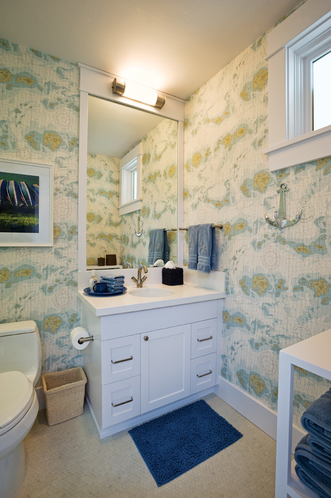 Nautical Bathroom with Themed Wallpaper Beach Style Bathroom