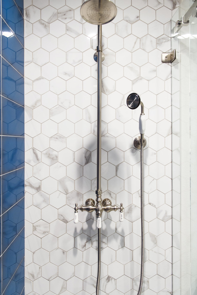 Design ideas for a small coastal shower room bathroom in San Diego with a built-in shower, blue tiles, porcelain tiles, grey walls, porcelain flooring and a sliding door.