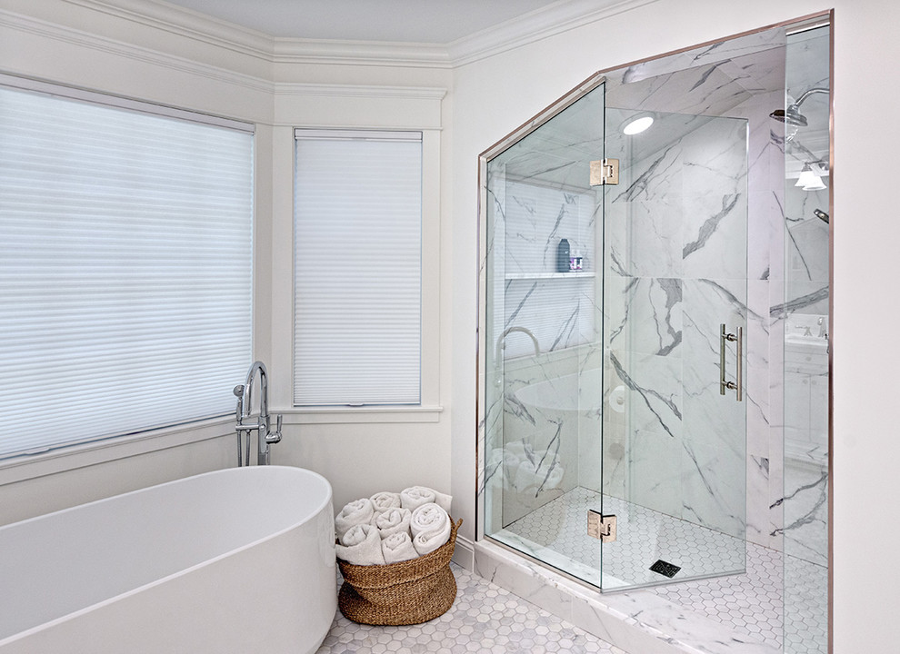 Inspiration for a medium sized classic ensuite bathroom in Minneapolis with flat-panel cabinets, white cabinets, a freestanding bath, a double shower, white tiles, white walls, porcelain flooring, soapstone worktops, white floors, a hinged door and white worktops.