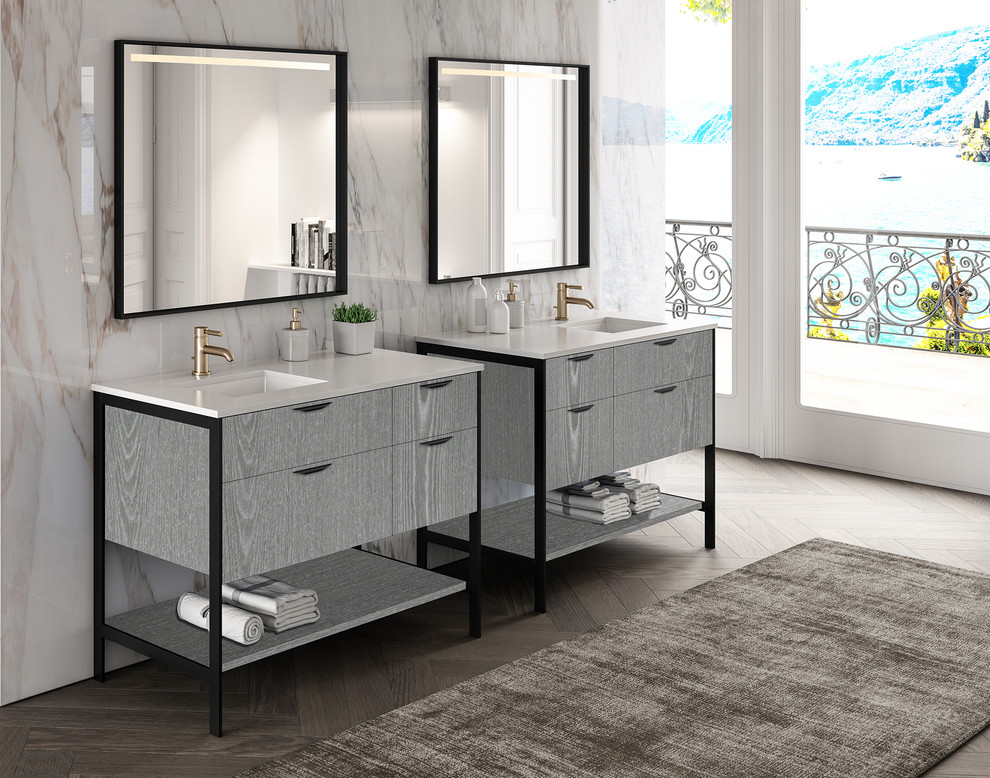 Inspiration pour une petite salle de bain principale design avec un placard en trompe-l'oeil, des portes de placard grises, un lavabo encastré, un plan de toilette en surface solide et un plan de toilette blanc.