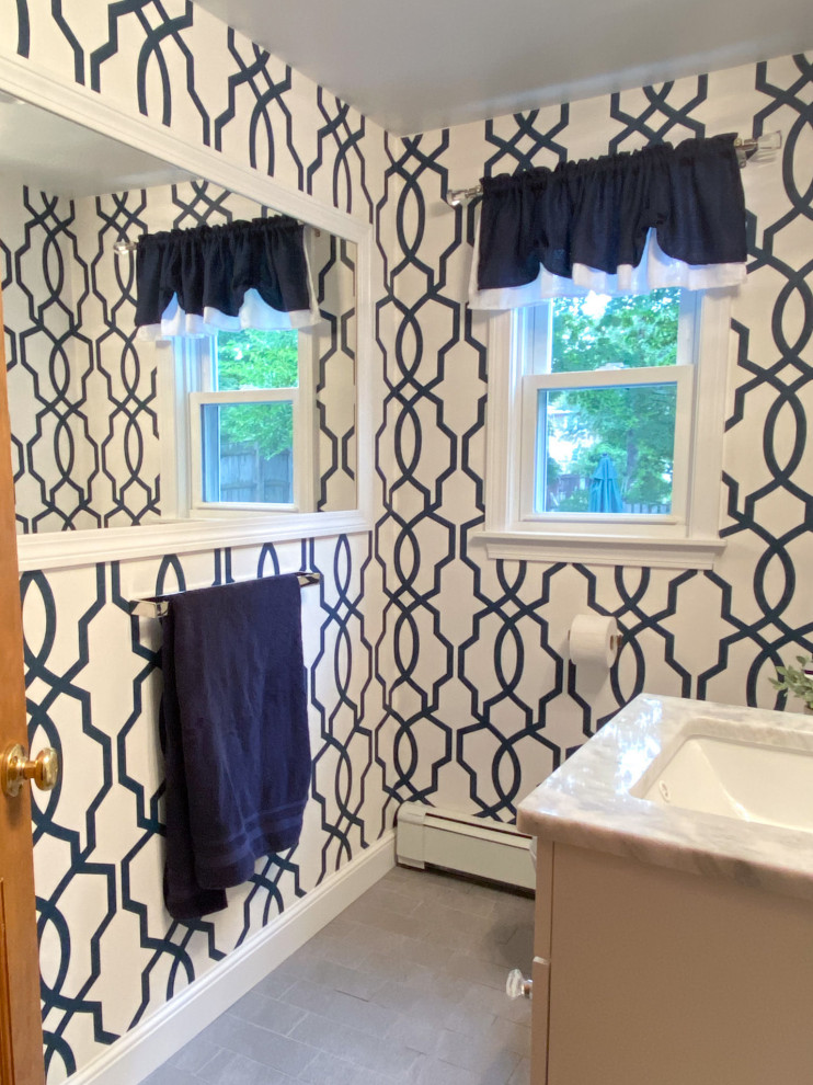 Navy Blue and White Powder Room in Woburn MA Transitional Bathroom