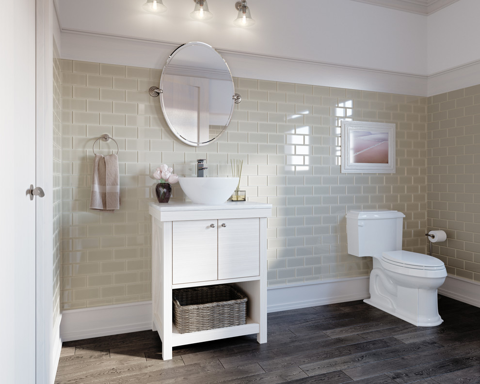 Inspiration for a medium sized classic bathroom in Other with a one-piece toilet, beige tiles, glass tiles, a vessel sink, porcelain flooring, brown floors, white walls and freestanding cabinets.