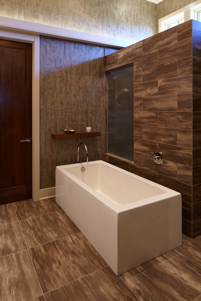 Bathroom - large transitional master gray tile and porcelain tile porcelain tile bathroom idea in Omaha with an undermount sink, flat-panel cabinets, dark wood cabinets, granite countertops and gray walls