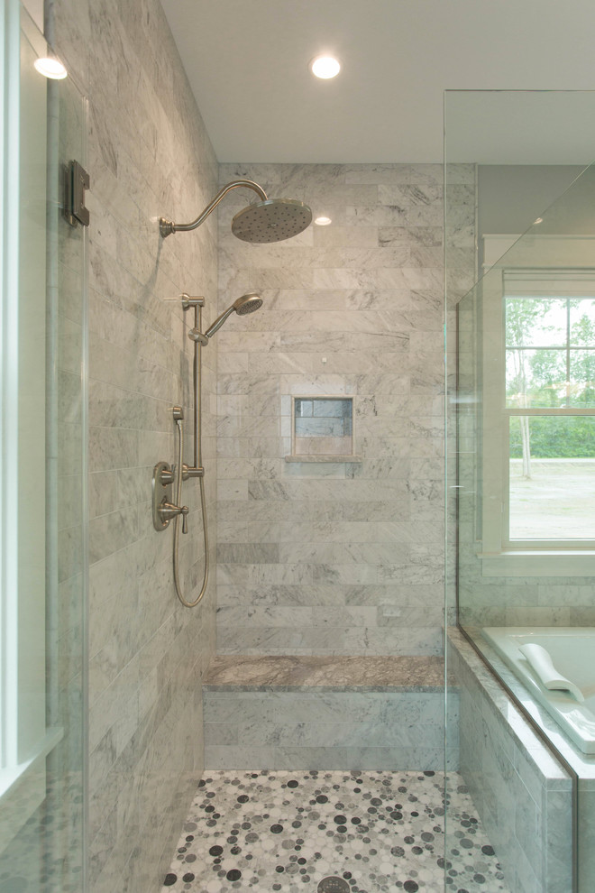 Inspiration for a large craftsman master gray tile and stone tile ceramic tile and gray floor bathroom remodel in Boston with flat-panel cabinets, white cabinets, gray walls, an undermount sink, quartz countertops and a hinged shower door