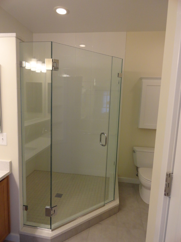 Идея дизайна: ванная комната в стиле модернизм с угловым душем