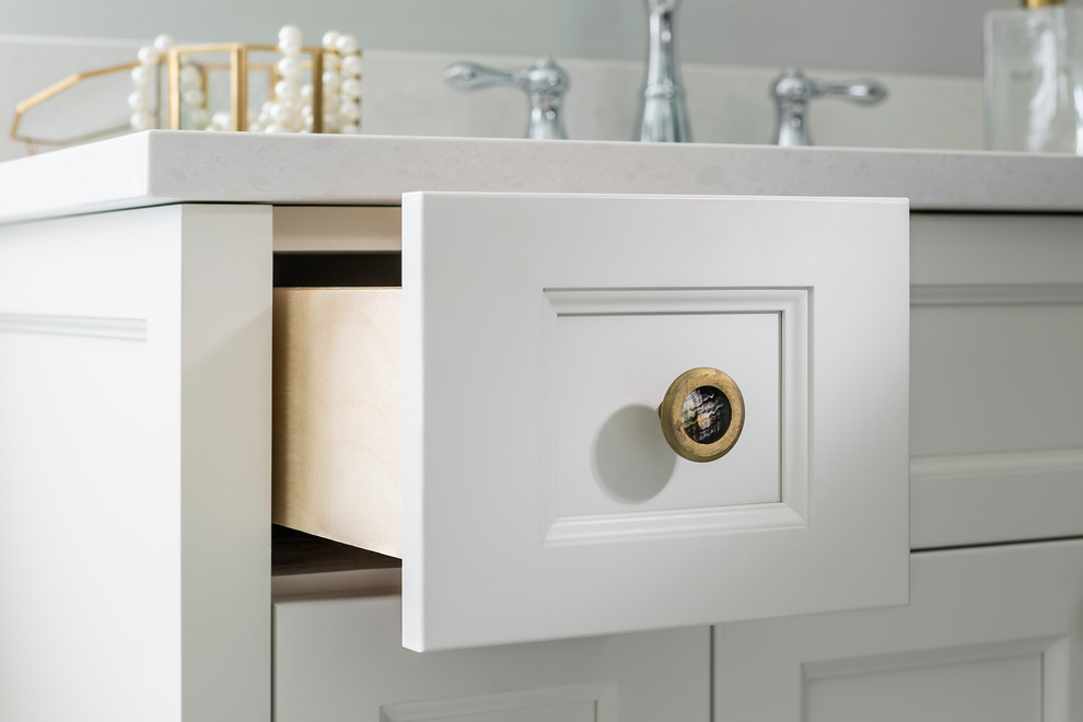 Example of a large classic master white tile and stone tile marble floor bathroom design in Minneapolis with recessed-panel cabinets, white cabinets, quartz countertops, gray walls and a console sink