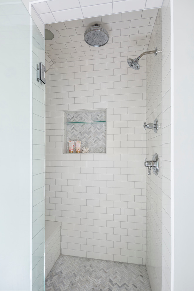 Bathroom - large traditional master white tile and stone tile marble floor bathroom idea in Minneapolis with recessed-panel cabinets, white cabinets, quartz countertops, gray walls and a console sink