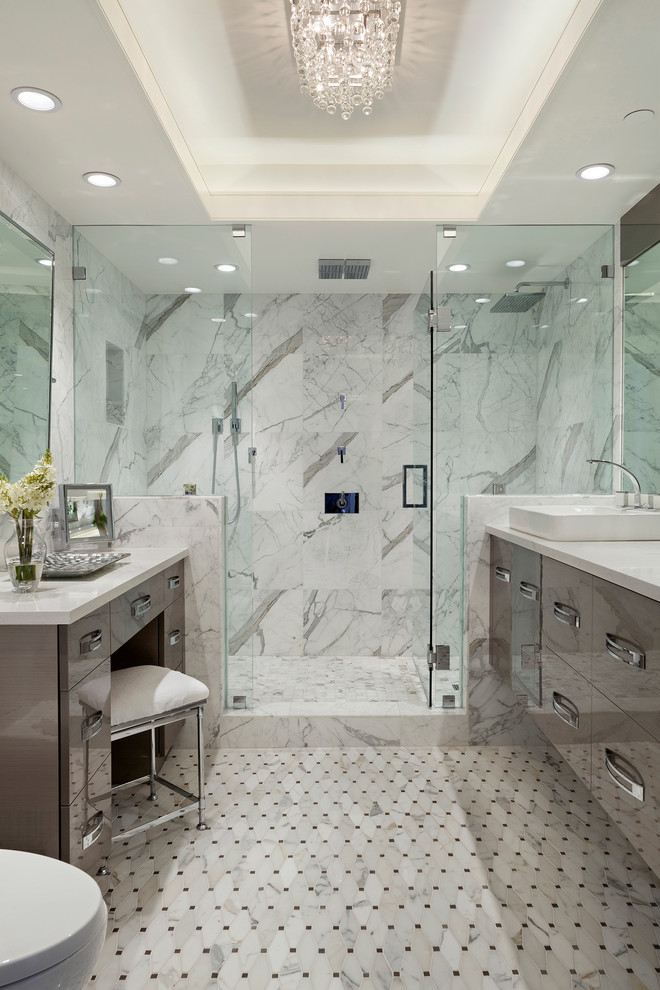 Inspiration for a mid-sized contemporary master multicolored tile and mosaic tile mosaic tile floor and multicolored floor alcove shower remodel in Miami with a drop-in sink, flat-panel cabinets, marble countertops, multicolored walls, gray cabinets, a one-piece toilet, a hinged shower door and white countertops