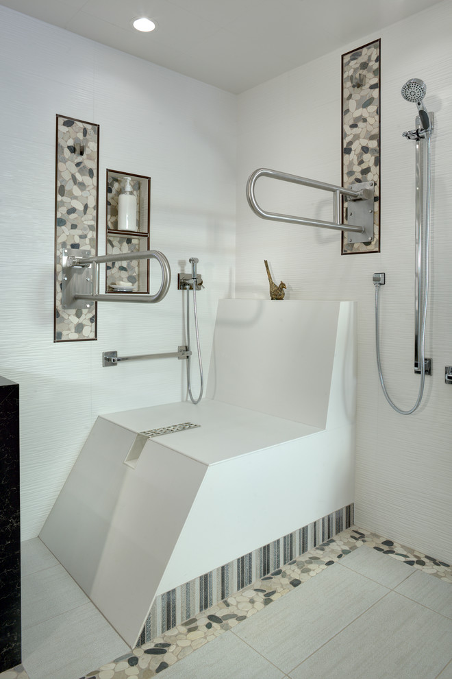 Large traditional ensuite bathroom in Sacramento with shaker cabinets, brown cabinets, a built-in shower, a one-piece toilet, white tiles, porcelain tiles, white walls, porcelain flooring, a submerged sink, engineered stone worktops, white floors, an open shower and black worktops.