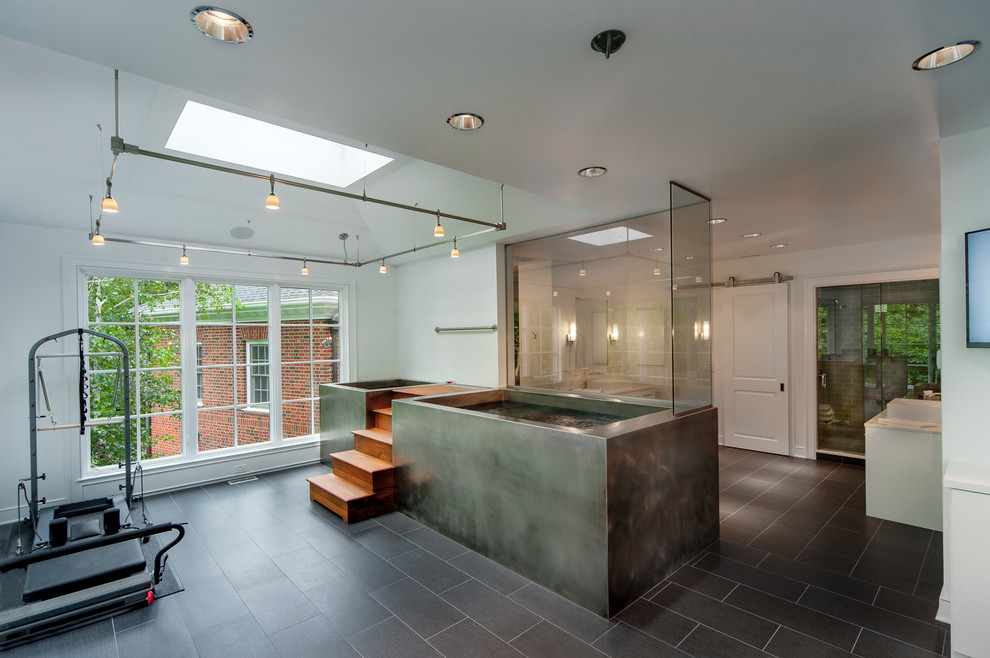 Inspiration for a contemporary freestanding bathtub remodel in Columbus