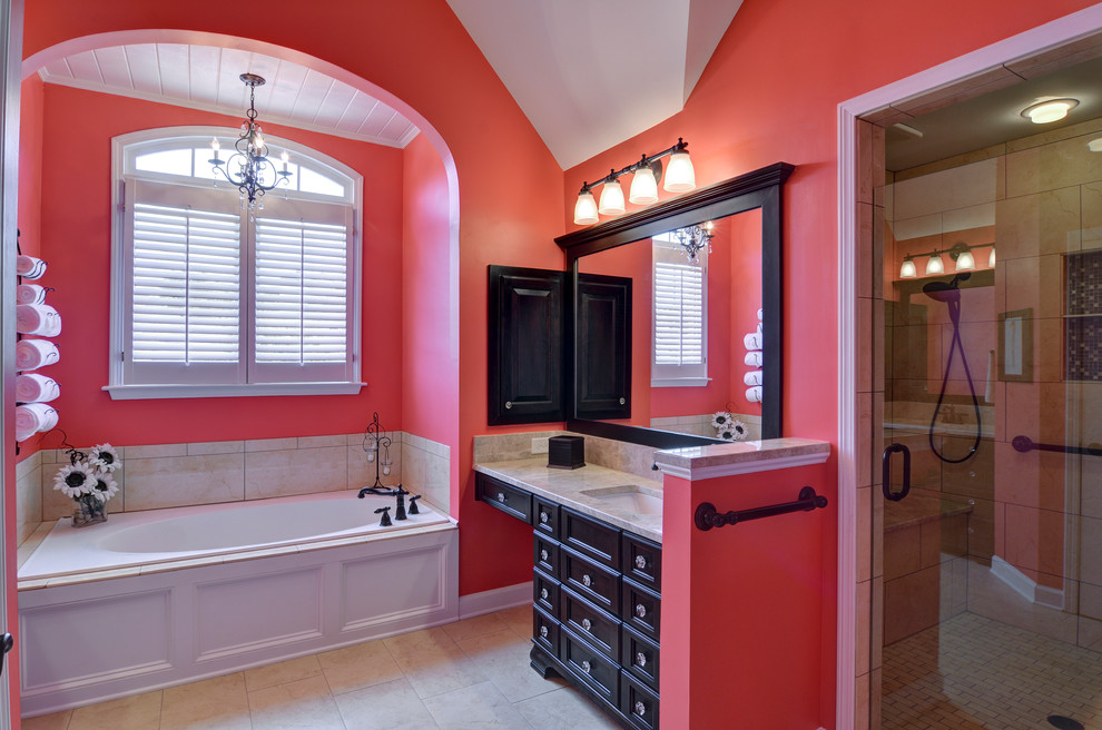 Foto di una stanza da bagno per bambini contemporanea di medie dimensioni con consolle stile comò, ante nere, vasca da incasso, doccia alcova, piastrelle beige, pareti rosa e lavabo sottopiano