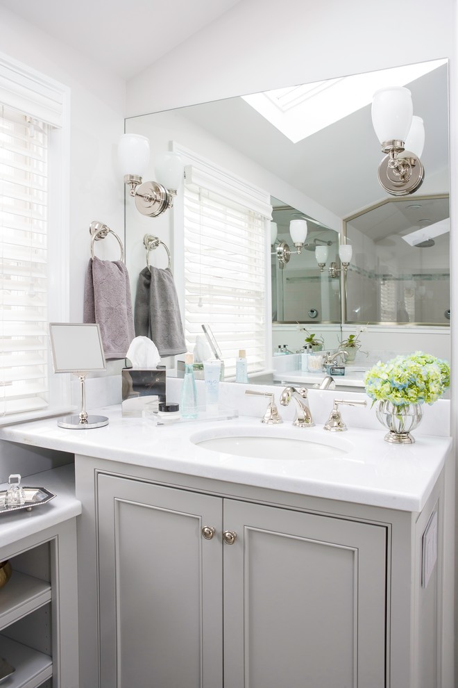 Design ideas for a large traditional ensuite bathroom in Bridgeport with recessed-panel cabinets, grey cabinets, a built-in bath, an alcove shower, grey tiles, white tiles, metro tiles, white walls, ceramic flooring, a submerged sink and marble worktops.