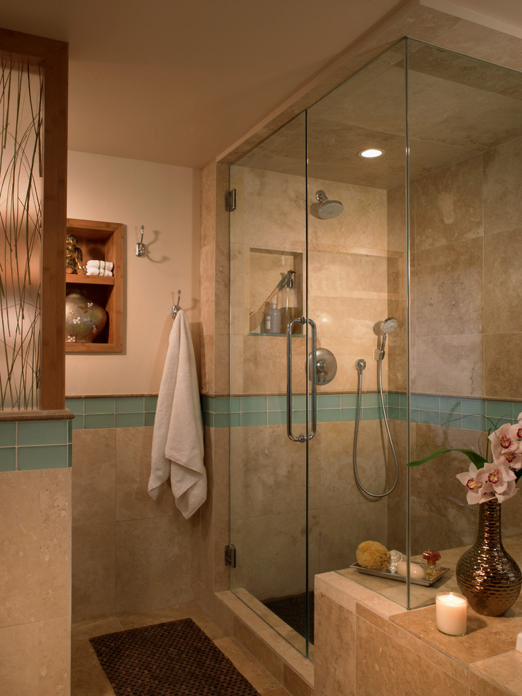 Inspiration for a large transitional master beige tile, blue tile and ceramic tile limestone floor and beige floor bathroom remodel in Denver with flat-panel cabinets, dark wood cabinets, a two-piece toilet, black walls, an undermount sink, quartz countertops and a hinged shower door