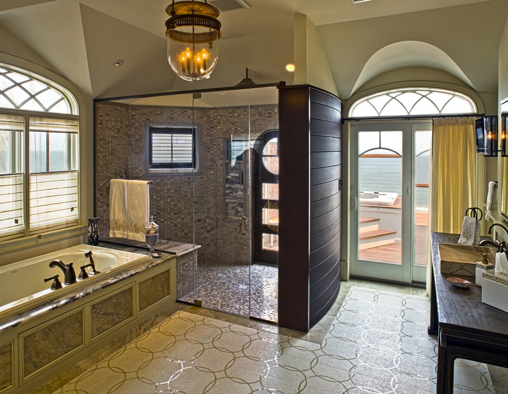 Свежая идея для дизайна: ванная комната в морском стиле с настольной раковиной - отличное фото интерьера