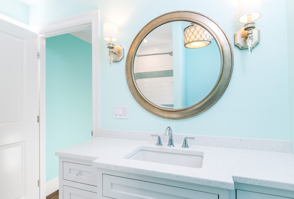 Inspiration for a mid-sized transitional kids' ceramic tile bathroom remodel in Boston with beaded inset cabinets, white cabinets, green walls, an undermount sink and quartz countertops