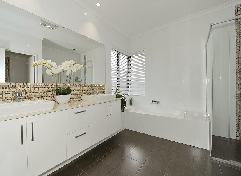 Inspiration for a mid-sized modern master white tile bathroom remodel in Perth with flat-panel cabinets, white cabinets, white walls, a vessel sink and a hinged shower door