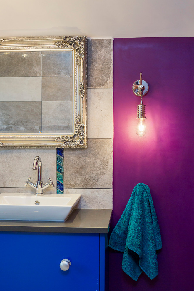 Inspiration for a contemporary ensuite wet room bathroom in Surrey with a freestanding bath, a one-piece toilet, grey tiles, cement tiles, purple walls, cement flooring, quartz worktops, grey floors, grey worktops, an enclosed toilet, double sinks and a freestanding vanity unit.